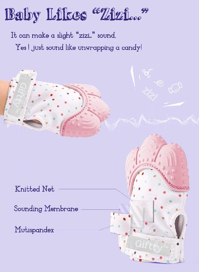 Baby Teething Mittens Self-Soothing Pain Relief Mitt, Stimulating Teether Toy, Prevent Scratches Protection Glove with Travel Bag, Stay on Baby's Hand, Unisex for 3~12 Months Baby (2 Mittens - Pink)