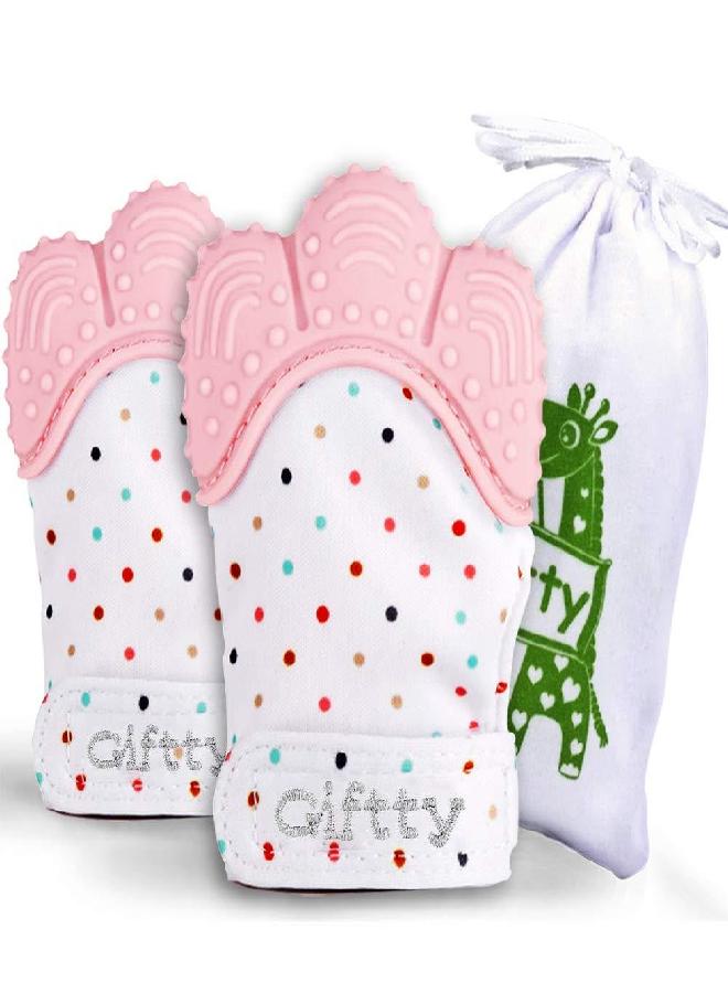 Baby Teething Mittens Self-Soothing Pain Relief Mitt, Stimulating Teether Toy, Prevent Scratches Protection Glove with Travel Bag, Stay on Baby's Hand, Unisex for 3~12 Months Baby (2 Mittens - Pink)