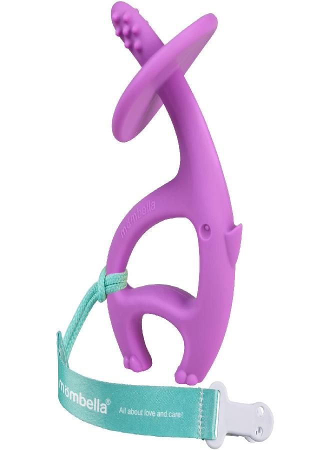 Baby Teething Toys for Babies 3 6 12 Months, Baby Teether with Clip, Soft Silicone Infant Teething Toy 6-9 Month Old Chew Toys, Mombella 2 in 1 Elephant Teethers & Pre-Training Toothbrush, Purple