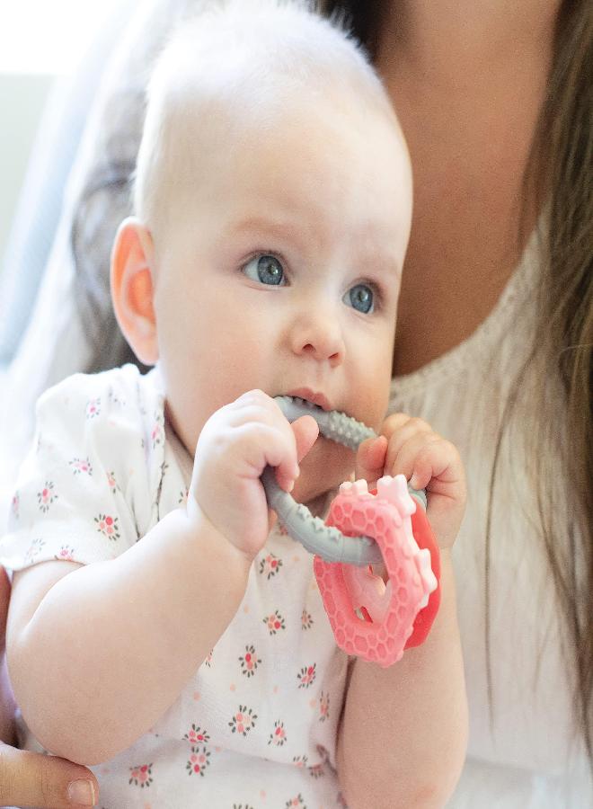 Bumkins Teething Freezer Toys for Babies, Baby Toy Keys Rings, Teething Baby Relief, Babies 3 Months Up, Teether Bracelet with Charms, Freezable Platinum Silicone