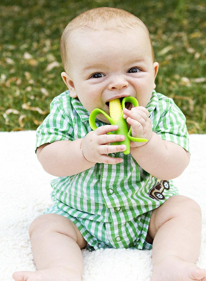 Baby Banana - Corn Cob Toothbrush, Training Teether Tooth Brush for Infant, Baby, and Toddler Green/Yellow Cornelius