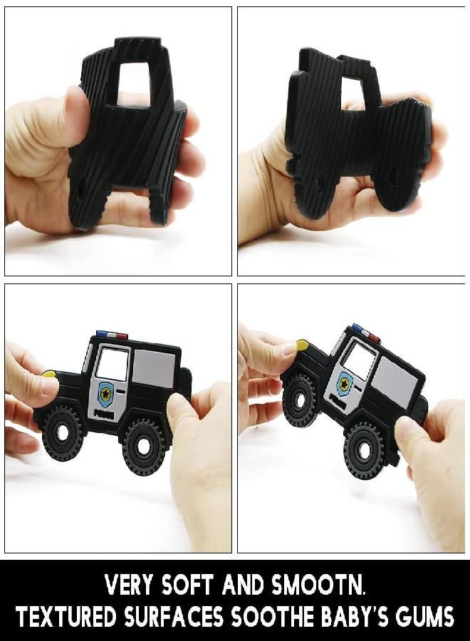 AmazingM Car Series Baby Teething Toys,Food Grade Silicone Chew Teether for 3 Months+ Infant Boy and Girl,Toddler Sensory Chewing Teether,BPA Free. (Police Car, Black)