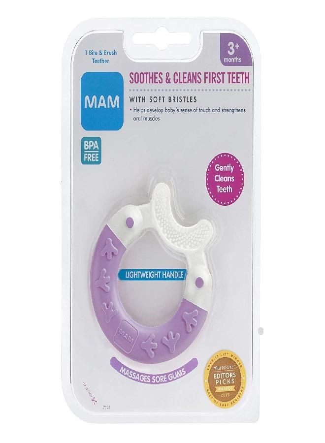 MAM 2-in-1 Bite & Brush Baby Teether, Relieves Teething Symptoms in Babies 3+ Months, Stimulates Sensory Development, 1 Pack, 3+ Months, Violet/Girl