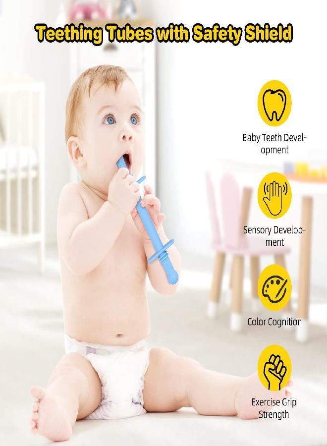 Fu Store Hollow Teether Tube with Safety Shield, 5 Pack Chew Straw Toy for Infant Toddlers Silicone Teething Toys for Babies 3-12 Months BPA Free/Freezable/Dishwasher and Refrigerator Safe