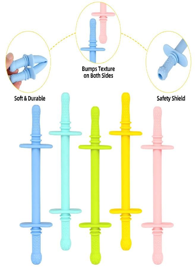Fu Store Hollow Teether Tube with Safety Shield, 5 Pack Chew Straw Toy for Infant Toddlers Silicone Teething Toys for Babies 3-12 Months BPA Free/Freezable/Dishwasher and Refrigerator Safe
