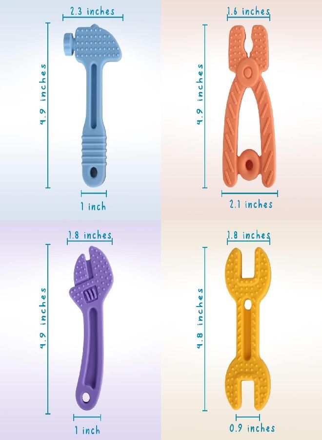 Fu Store 4 Pack Soft Silicone Teething Toys for Toddlers Infant Hammer Spanner Wrench Pliers Tools Shape Baby Teethers Relief Soothe Babies Gums Set (Hammer Set)