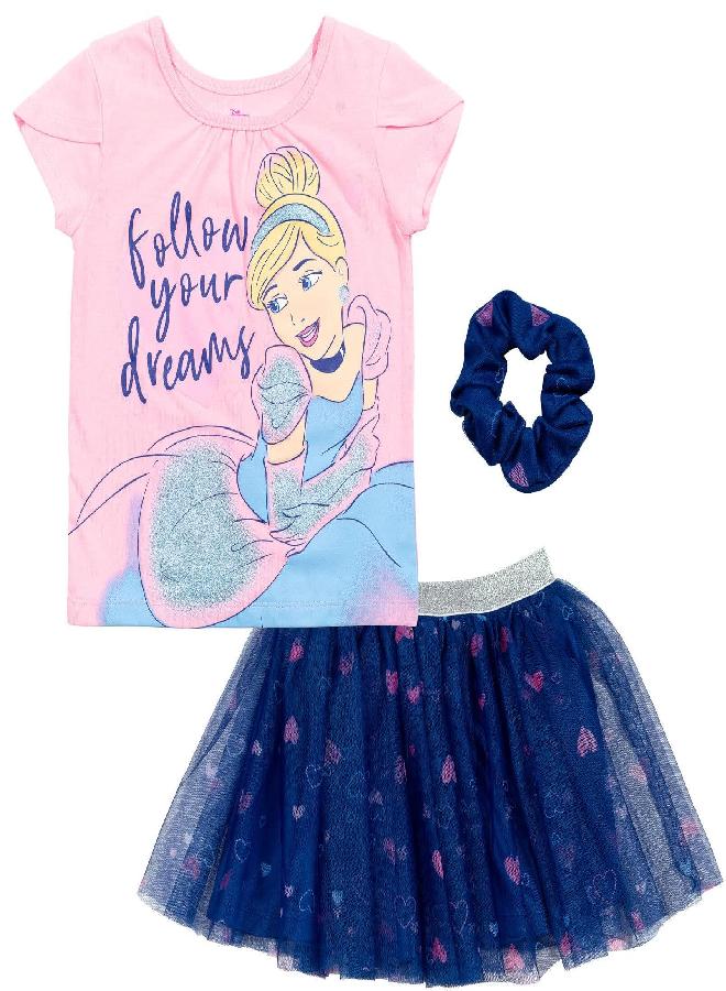 Disney Princess Cinderella Toddler Girls T-Shirt Mesh Skirt Tulle and Scrunchie 3 Piece Outfit Set 5T