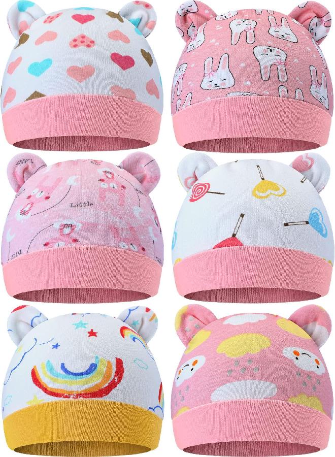 Geyoga 6 Pieces Newborn Baby Hat Bear Ears Infant Caps Baby Boy Girl Toddler Hats Infant Beanie Caps for 0-3 Months(Pink Series,Cute)