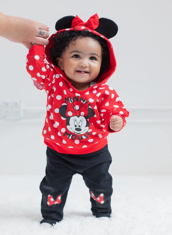 Disney Minnie Mouse Newborn Baby Boy or Girl 3 Piece Outfit Set: Pants Bodysuit Hoodie Red 0-3 Months