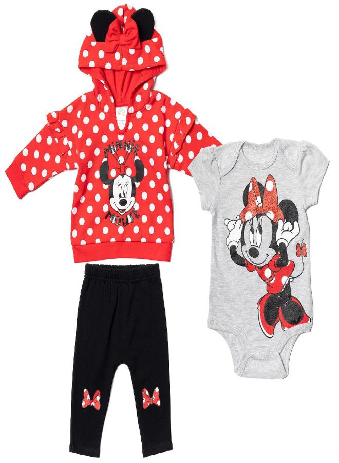 Disney Minnie Mouse Newborn Baby Boy or Girl 3 Piece Outfit Set: Pants Bodysuit Hoodie Red 0-3 Months