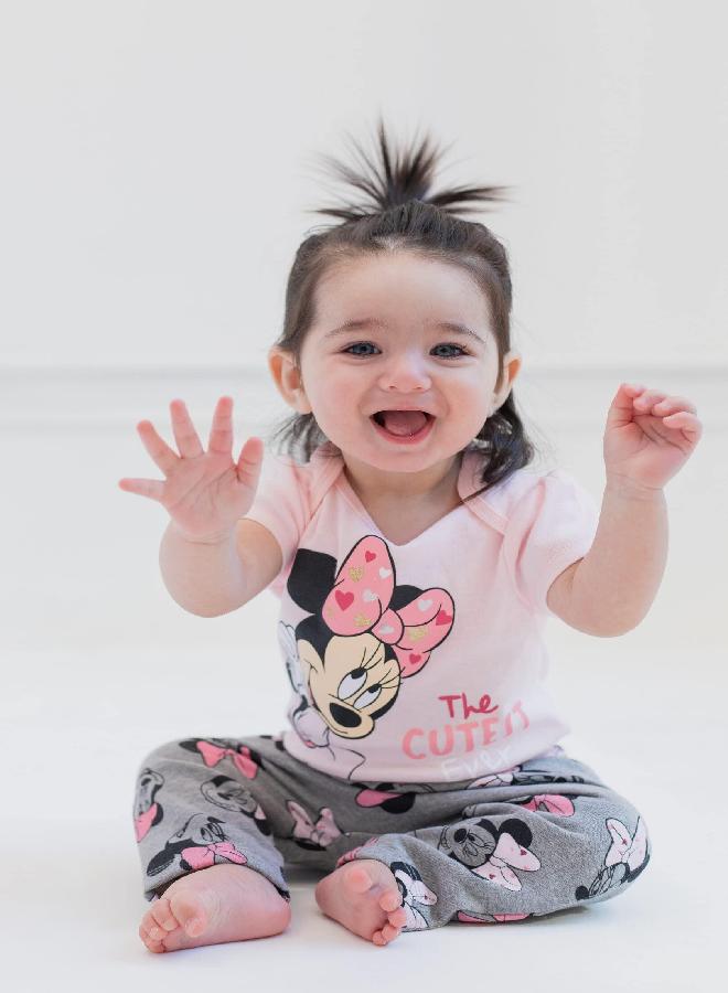 Disney Minnie Mouse Infant Baby Boys or Girls 3 Piece Outfit Set: Pants Bodysuit Hoodie Grey/Pink 6-9 Months