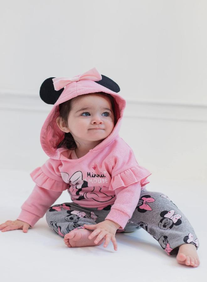 Disney Minnie Mouse Infant Baby Boys or Girls 3 Piece Outfit Set: Pants Bodysuit Hoodie Grey/Pink 6-9 Months