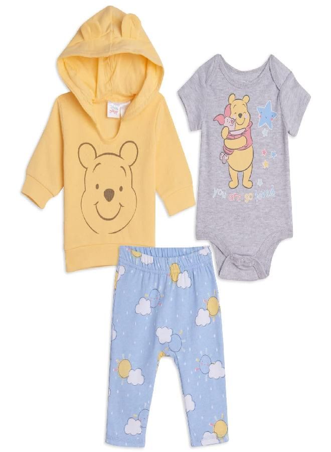 Disney Winnie the Pooh Newborn Baby Boy or Girl 3 Piece Outfit Set: Hoodie Bodysuit Pants Winnie the Pooh Newborn