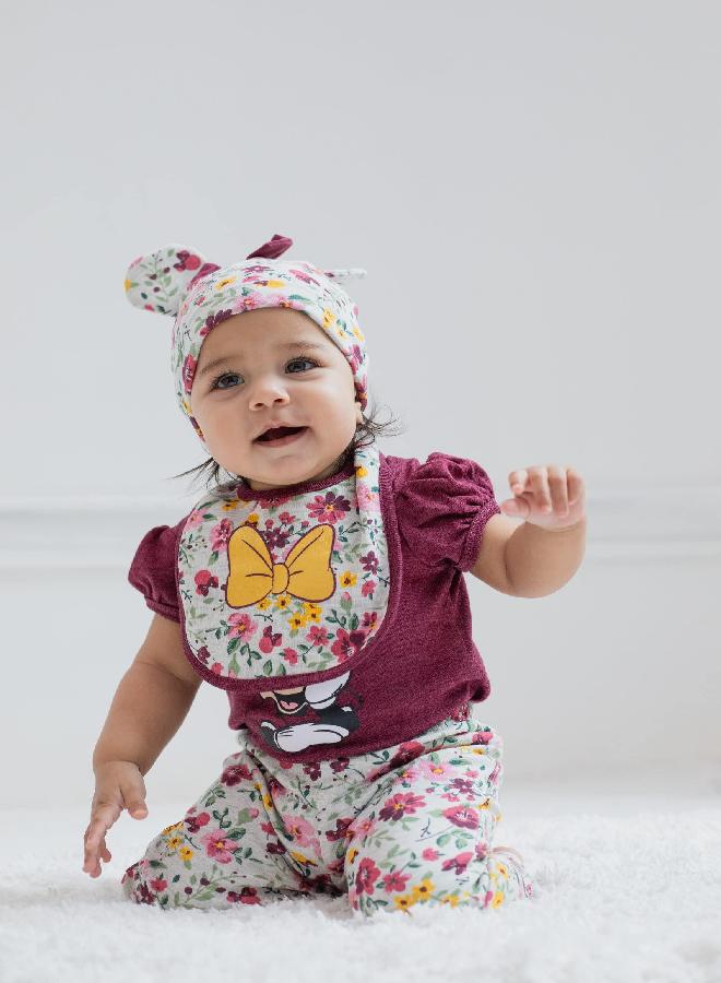 Disney Minnie Mouse Newborn Baby Girls Bodysuit Pants Bib and Hat 4 Piece Outfit Set Purple 3-6 Months