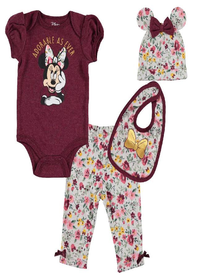 Disney Minnie Mouse Newborn Baby Girls Bodysuit Pants Bib and Hat 4 Piece Outfit Set Purple 3-6 Months