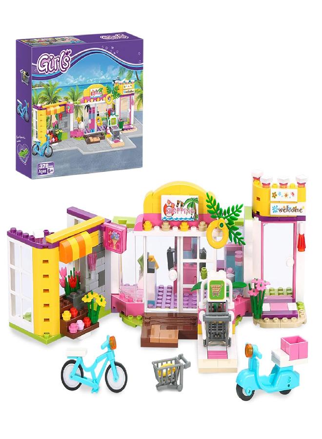 BRICK STORY Girls Friends Supermarket Building Set 376 PCS, Seaside Grocery Store Flower Shop Building Kit, Beach Shopping Mall Toy Educational Building Blocks Gift for Kids Ages 6+