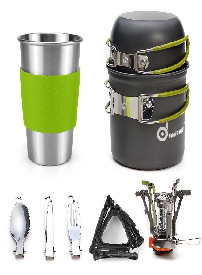 Camping Cookware Stove Carabiner Canister Stand Tripod And Stainless Steel Cup, Tank Bracket, Fork Spoon Kit For Backpacking, Outdoor Camping Hiking And Picnic,Green