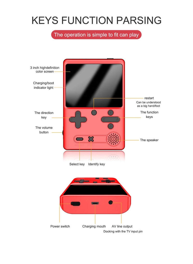 Red Retro Handheld Game Console with 500 Classical FC Games 3.0 Inches Screen Portable Video Game Consoles Handheld Video Games Support for Connecting TV and Two Players