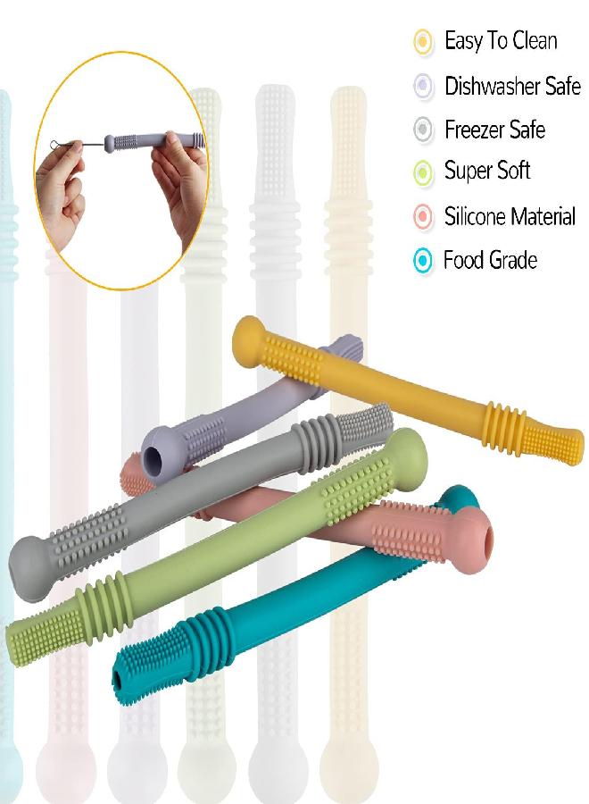 Fu Store Hollow Teether Tube, 6 Pack Chew Straw Toy for Infant Toddlers Silicone Tubes Teething Toys for Babies 3-12 Months BPA Free/Freezable/Dishwasher and Refrigerator Safe