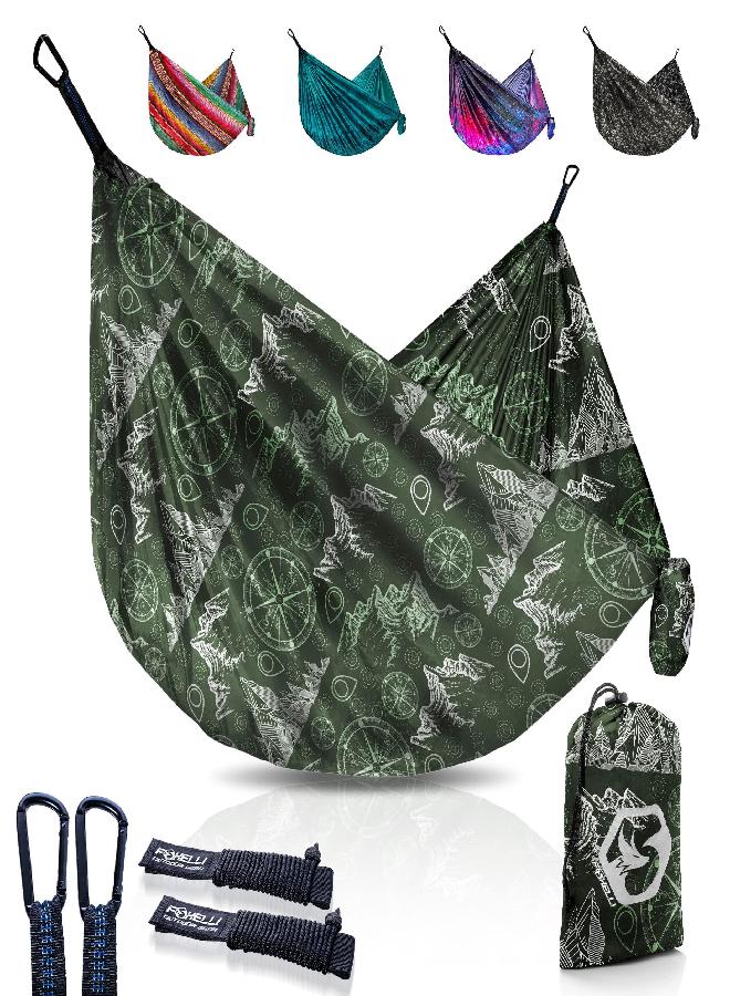 Foxelli Camping Hammock - Ultralight Hammock for Backpacking, Hiking, Festivals, Travel - Easy Setup with Tree-Friendly Ropes & Steel Carabiners, Heavy Duty Parachute Nylon