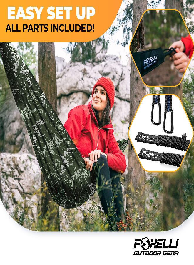 Foxelli Camping Hammock - Ultralight Hammock for Backpacking, Hiking, Festivals, Travel - Easy Setup with Tree-Friendly Ropes & Steel Carabiners, Heavy Duty Parachute Nylon