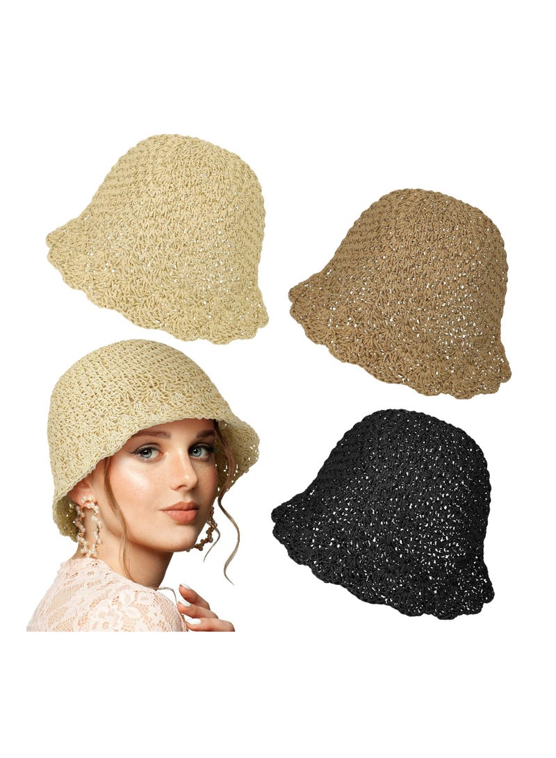 3 Pcs Straw Bucket Sun Hat for Women Summer Foldable Brim Beach Hat Women's Summer Packable Hats Summer UV Protection Boho Beach Straw for Women Girls Ladies, 3 Colors