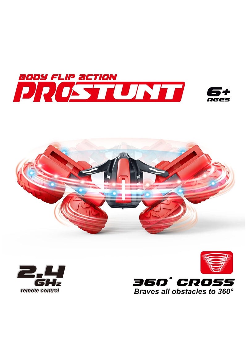 Remote Control Rotating Stunt Car Open Flower RC Car Toy with Light Double-sided Driving 360 Degree Flip Rotating Toy Car Red