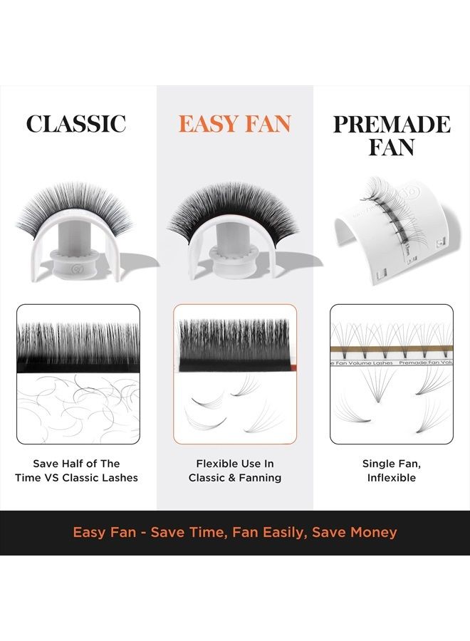 Easy Fan Eyelash Extensions Volume Extension Lightweight Self Fanning Lashes Semi Permanent Matte Black Professional Salon Stylists Use 0.07 D+ Curl Mix Tray 8-15mm