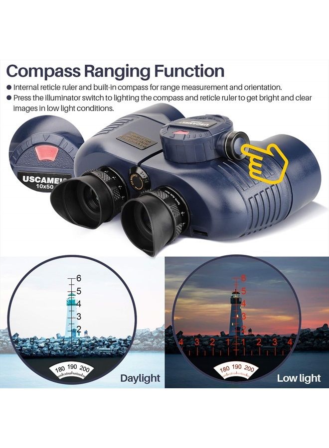 10x50 Marine Binoculars for Adults, Waterproof Binoculars with Rangefinder Compass，BAK4 Prism FMC Lens Binoculars with Tripod Adapter for Navigation Bird Watching Hunting