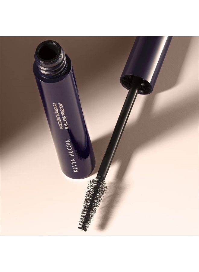 Indecent Mascara, Black: Thin cone-shaped brush. Creamy lash condition formula. Dramatic and natural look. Long wear. Clump & flake-free. Pro makeup artist go to for defined fuller lashes