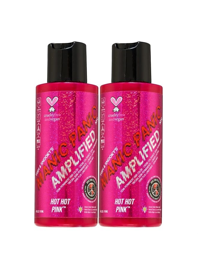 Hot Hot Pink Hair Color - Amplified - (2PK) Semi Permanent Hair Dye - Medium Pink - Glows In Blacklight - For Dark & Light Hair - Vegan, PPD & Ammonia Free For Coloring Hair on Women & Men