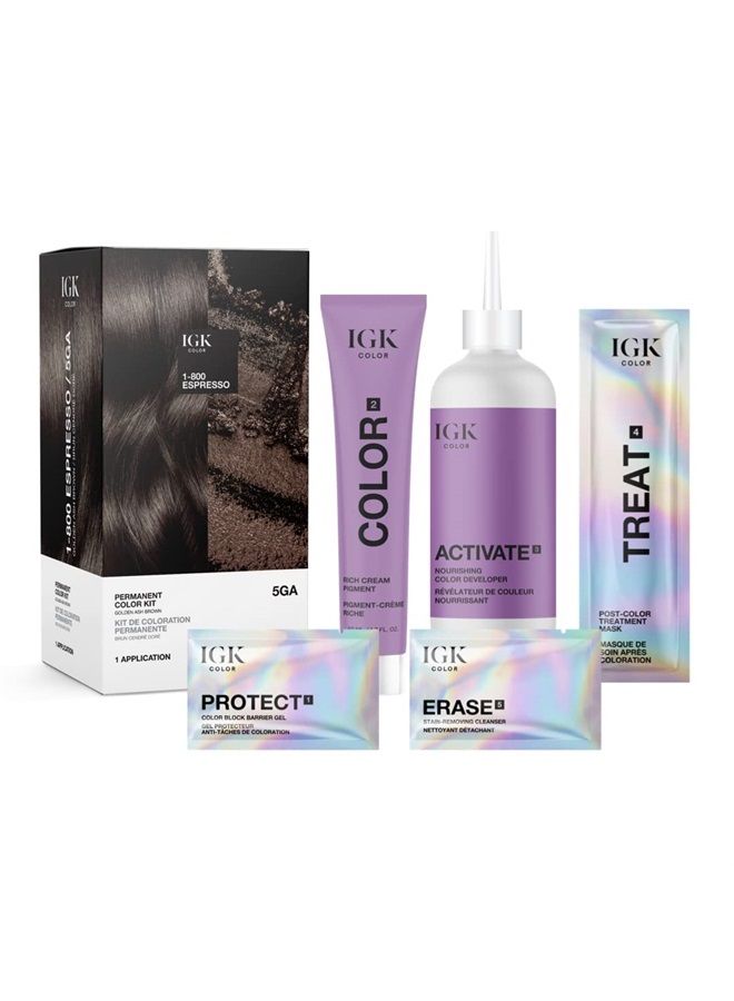 Permanent Color Kit 1-800 ESPRESSO - Golden Ash Brown 5GA | Easy Application + Strengthen + Shine | Vegan + Cruelty Free + Ammonia Free | 4.75 Oz