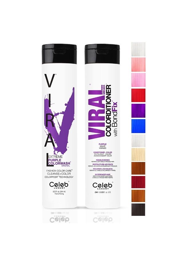 Viral Duo Color Depositing Colorwash Shampoo & Conditioner Set + Bondfix Bond Rebuilder, Semi Permanent Hair Color, Vegan Hair Dye, Purple