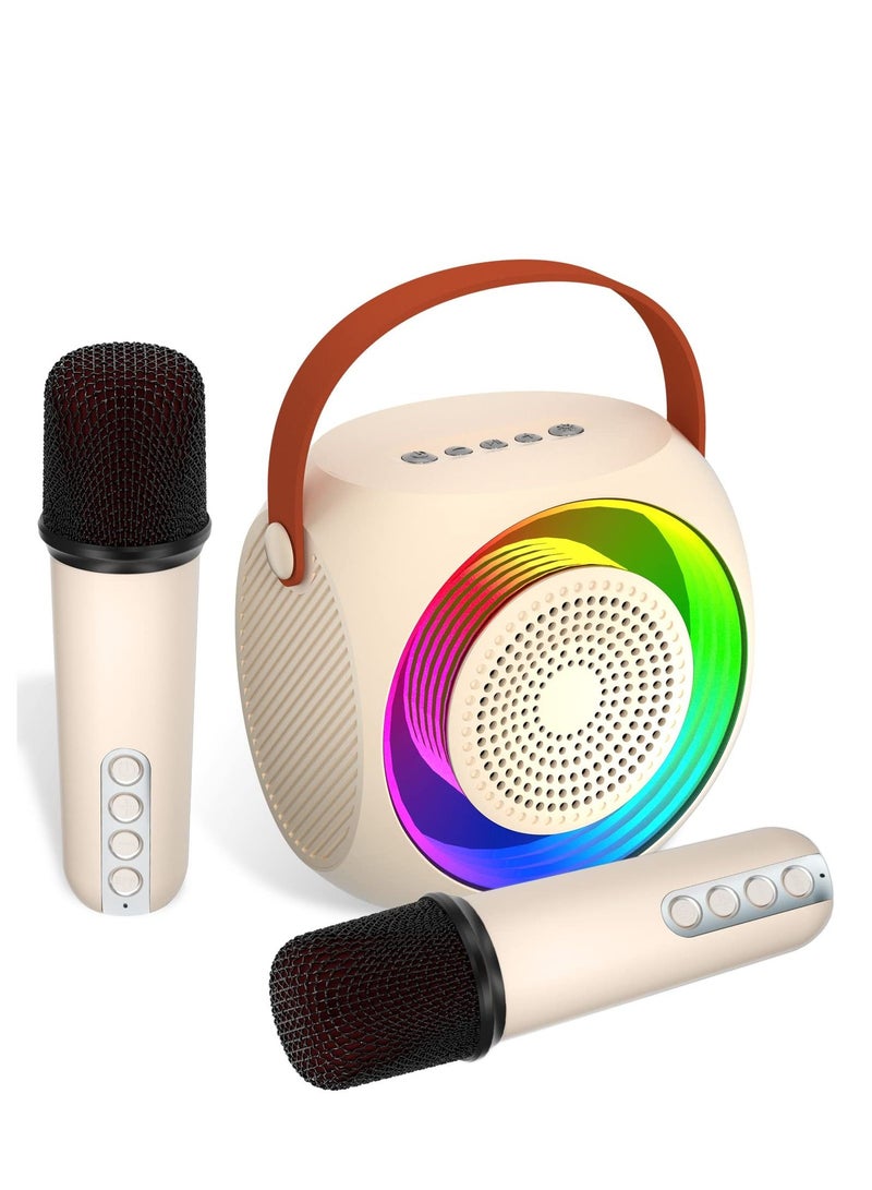 Mini Karaoke Machine For Kids, Portable Bluetooth Karaoke Speaker With 2 Wireless Microphones And Led Lights For Home Party (Beige)