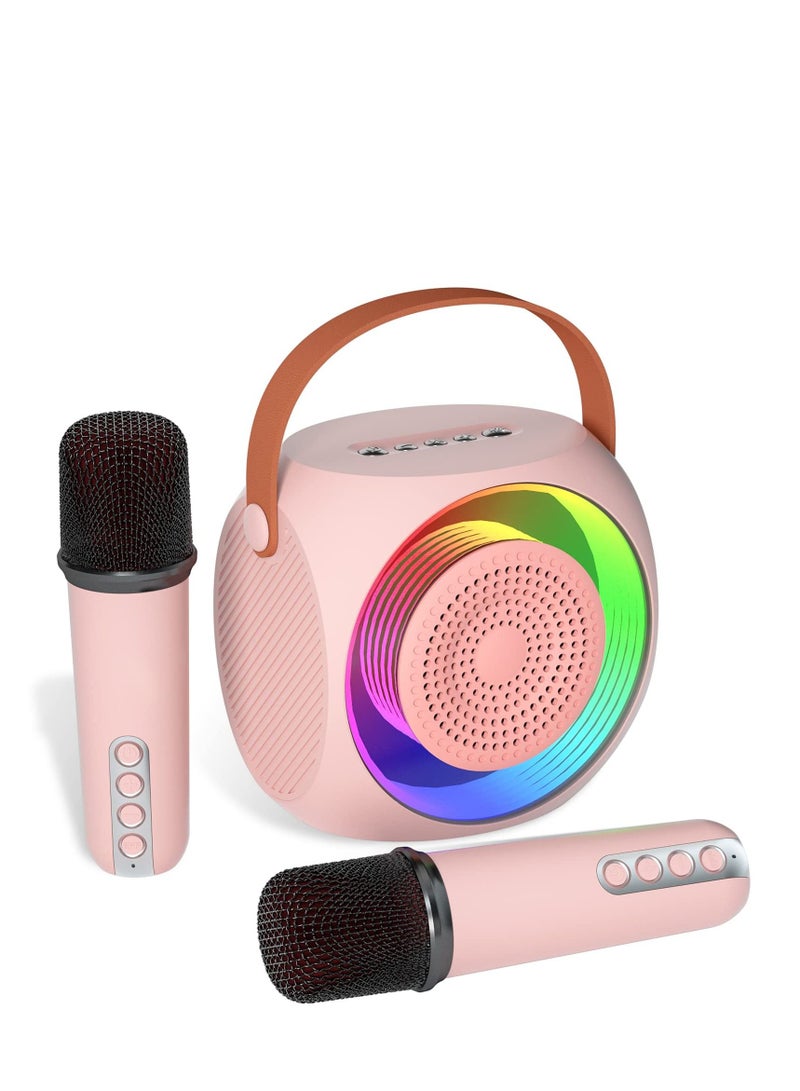 Mini Karaoke Machine For Kids, Portable Bluetooth Karaoke Speaker With 2 Wireless Microphones And Led Lights For Home Party (Pink)