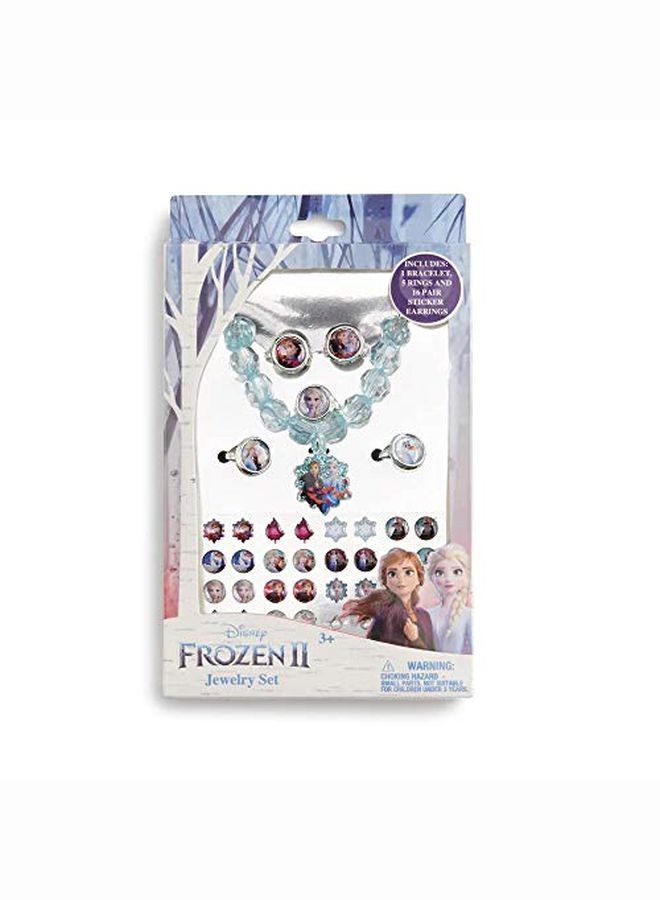 Frozen 2 Elsa Anna Girls Jewelry Set; Includes 1 Bracelet 5 Rings 16 Pairs Sticker Earrings