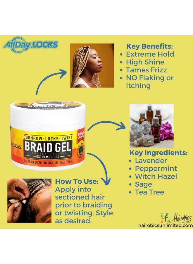 Braid Gel | Extreme Hold Smooths & Tames Frizz | No Flaking Or Drying | High Shine Long Lasting For Braids Locks Twists Cornrows | 5 Oz