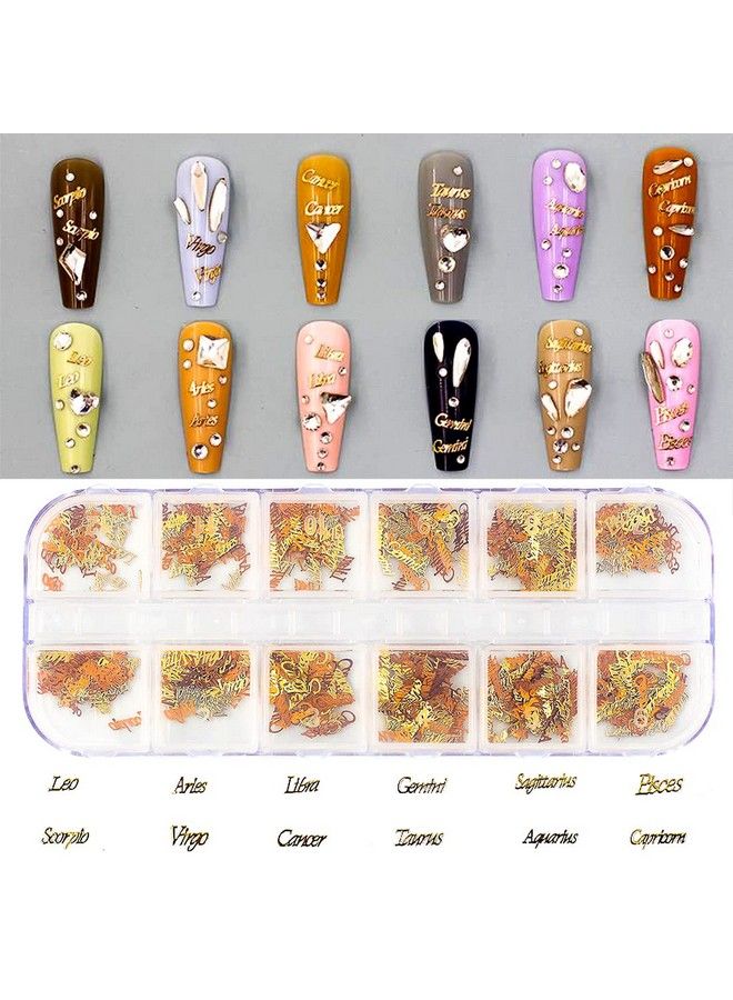 2 Boxes 1200Pcs Zodiac Nail Art Charms Twelve Constellation Gold Nail Art Stickers Zodiac Nail Sequins For Nail Art Decoration