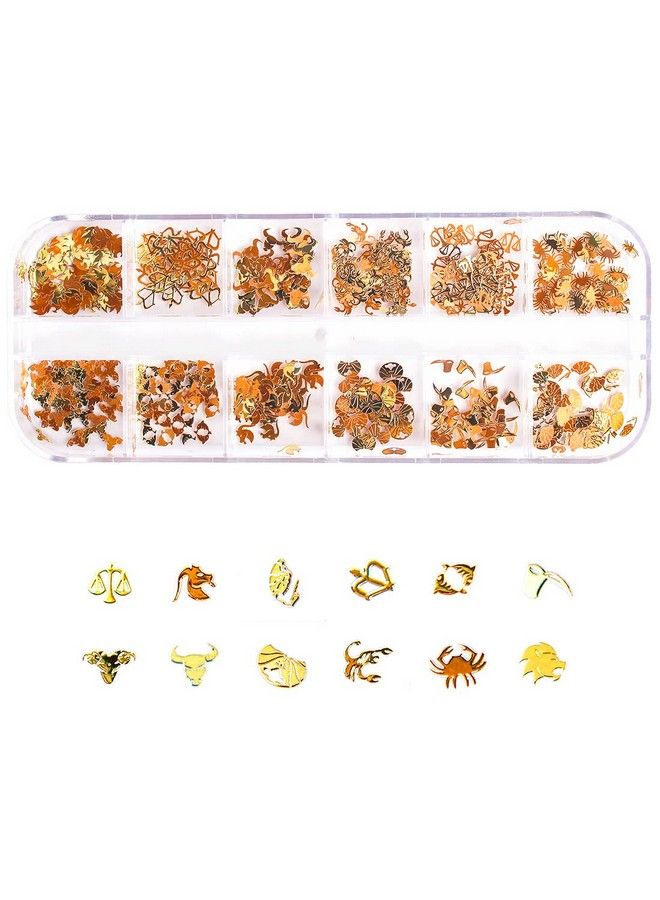 2 Boxes 1200Pcs Zodiac Nail Art Charms Twelve Constellation Gold Nail Art Stickers Zodiac Nail Sequins For Nail Art Decoration