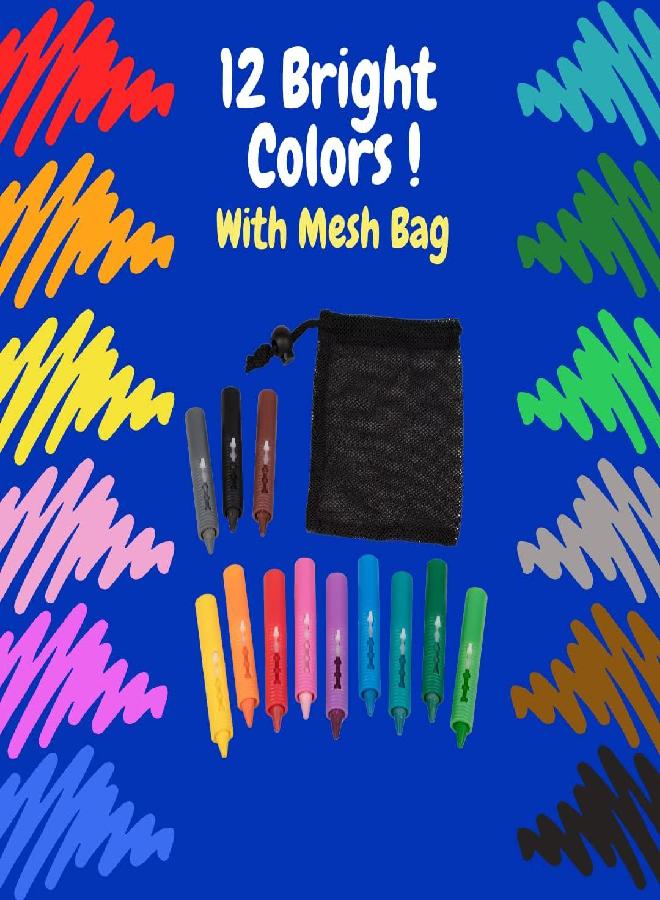 Bath Crayons Super Set - Set of 12 Draw in the Tub Colors with Bathtub Storage Mesh Bag -Non-Toxic, Safe for Children, Won't Disintegrate in Water -Art Project for Kids and Toddlers, Fun Gift for Kids