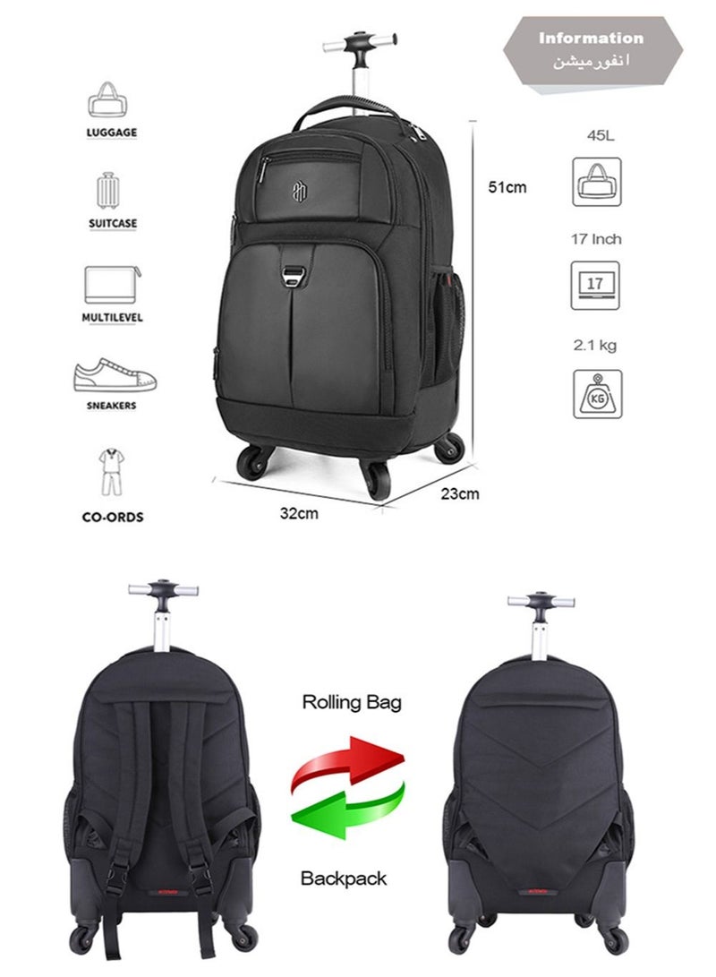 Professional Business Travel Roller Backpack,Big Capacity Trolley Laptop Bag for Men and Women,College School Book Bag Office Rolling Computer Backpack Fits 17 Inch Notebook