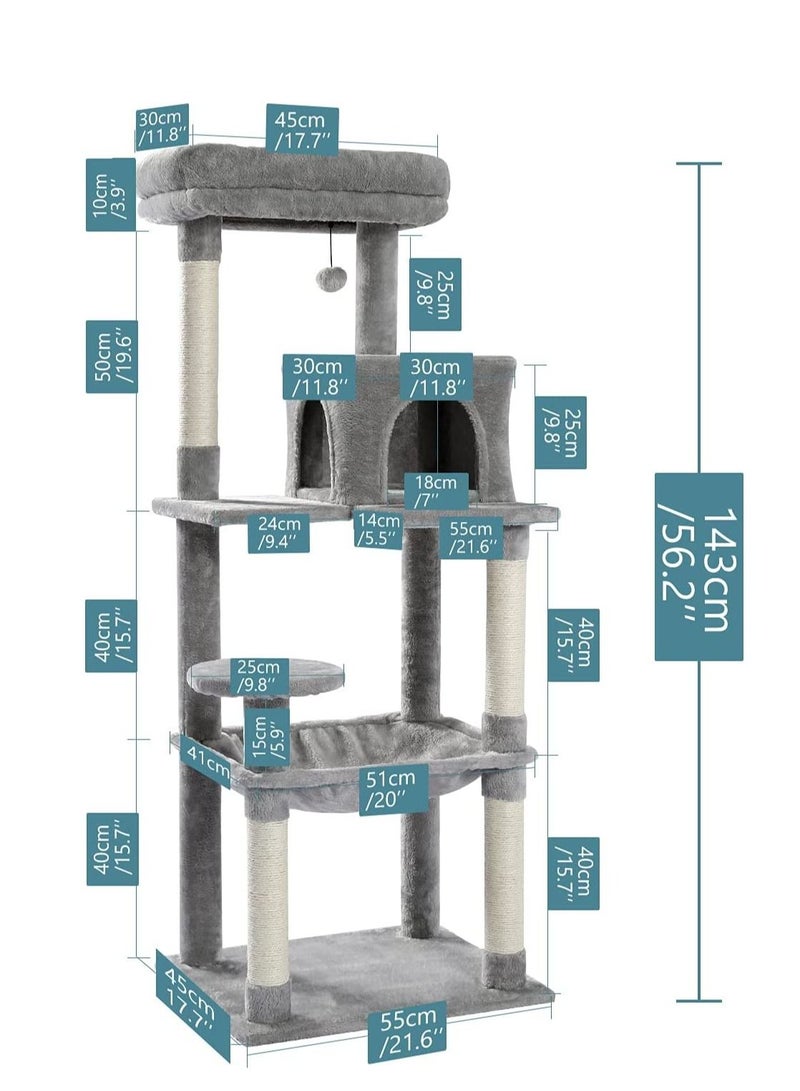 143cm Tall Cat Tree for Indoor Cats Multi-Level Cat Tower with Sisal Covered Scratching Posts Cozy Condo Super Large Hammock and Plush Perches Grey