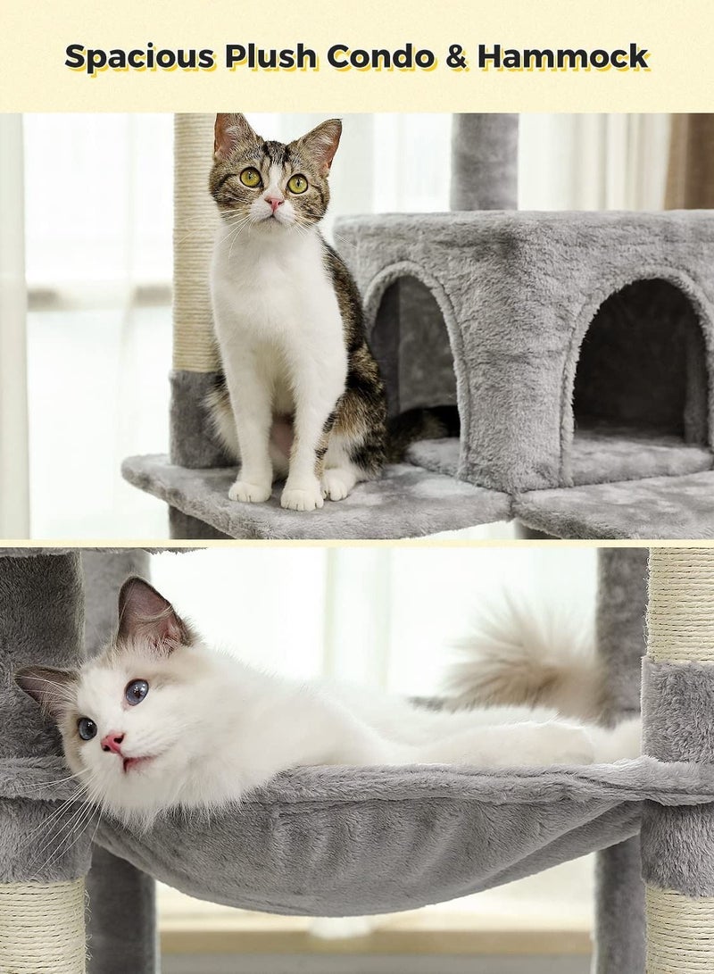 143cm Tall Cat Tree for Indoor Cats Multi-Level Cat Tower with Sisal Covered Scratching Posts Cozy Condo Super Large Hammock and Plush Perches Grey