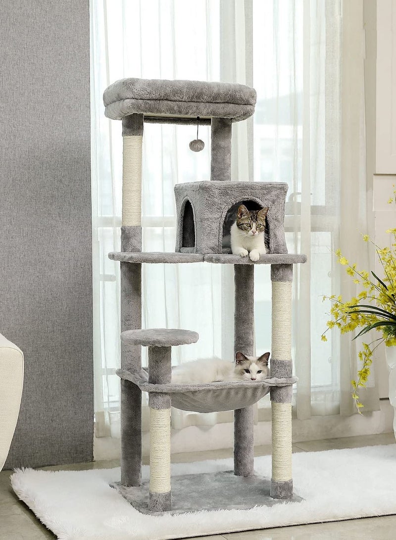 143cm Tall Cat Tree for Indoor Cats Multi-Level Cat Tower with Sisal Covered Scratching Posts Cozy Condo Super Large Hammock and Plush Perches Grey
