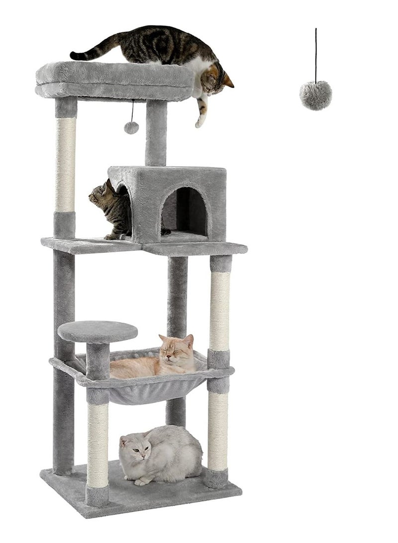 143cm Tall Cat Tree for Indoor Cats Multi-Level Cat Tower with Sisal Covered Scratching Posts Cozy Condo Super Large Hammock and Plush Perches Grey