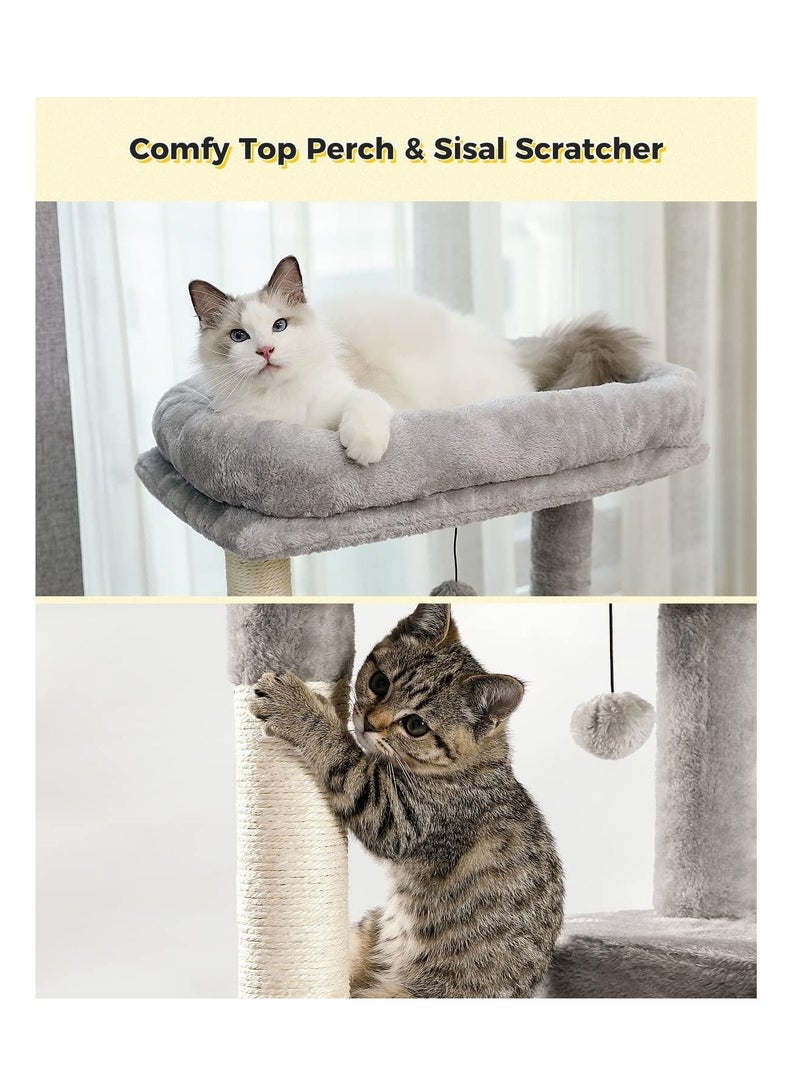 143cm Tall Cat Tree for Indoor Cats Multi-Level Cat Tower with Sisal Covered Scratching Posts Cozy Condo Super Large Hammock and Plush Perches Grey