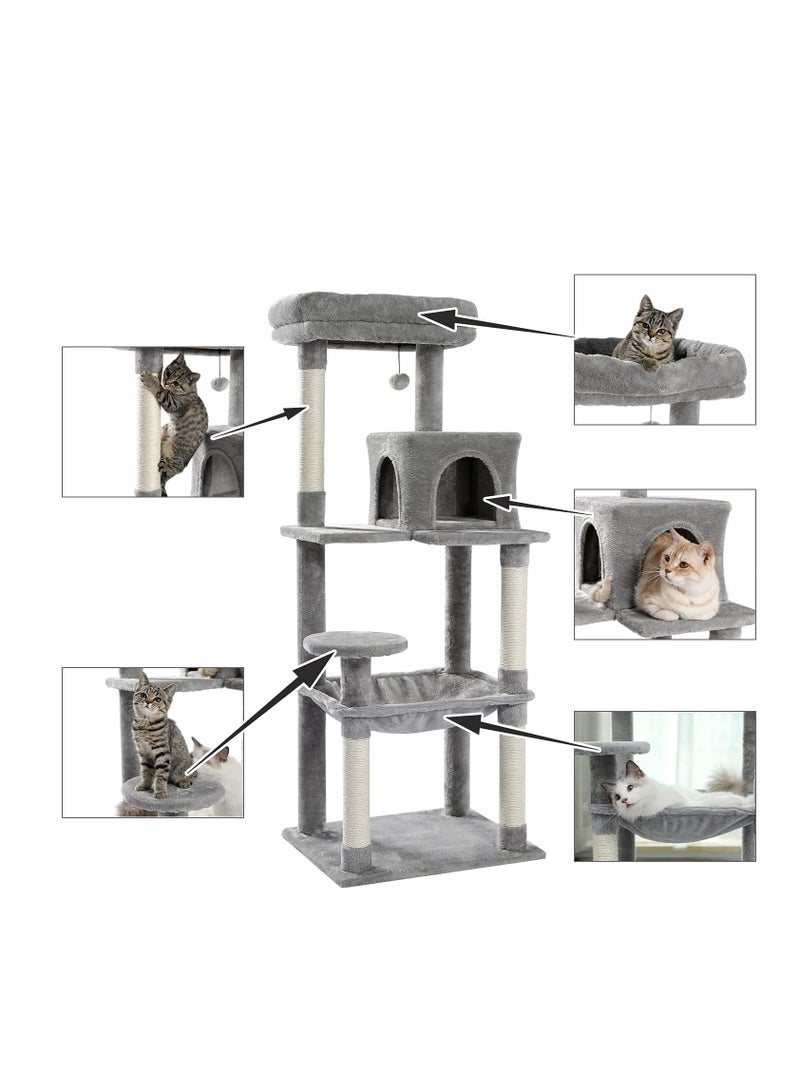 143cm Tall Cat Tree for Indoor Cats Multi-Level Cat Tower with Sisal Covered Scratching Posts Cozy Condo Super Large Hammock and Plush Perches Grey