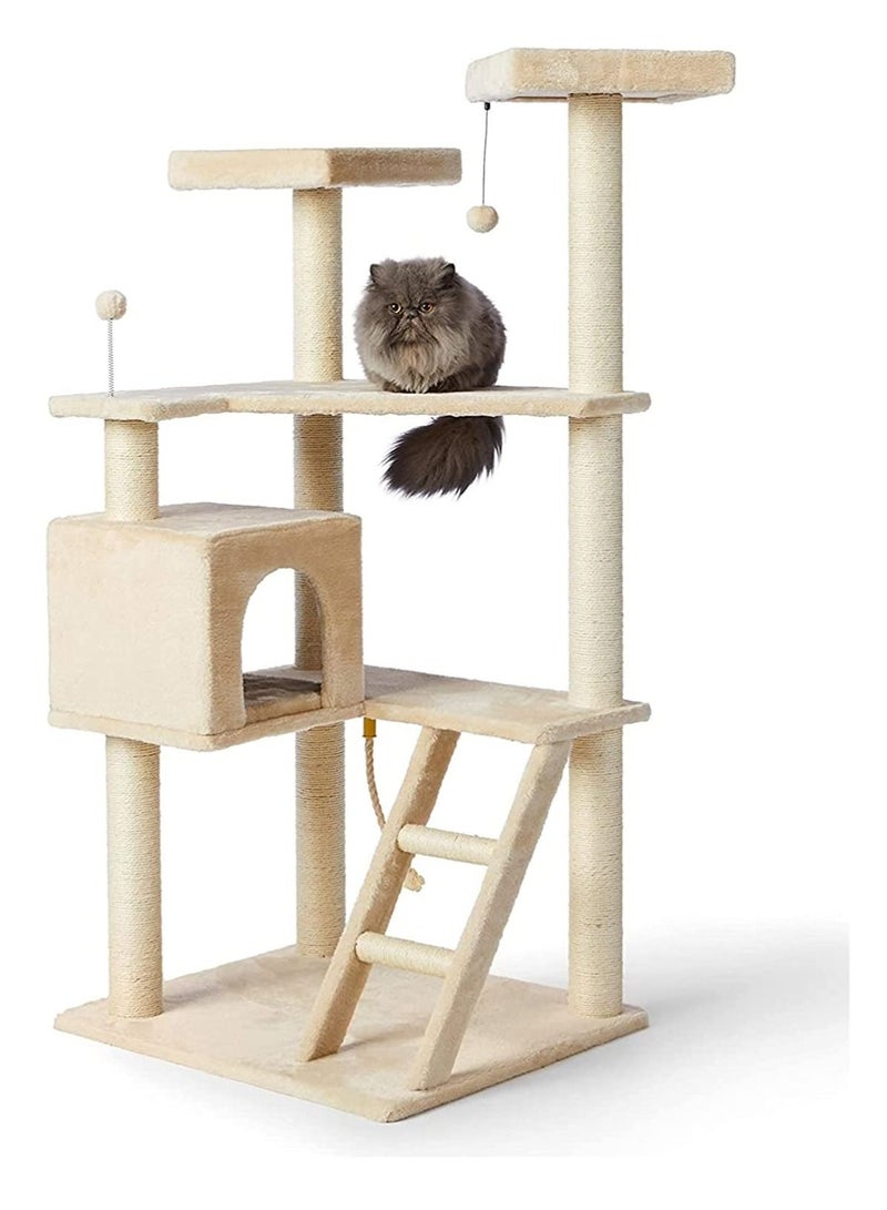 Extra Large Multi-Level Cat Tree with Steps And Cat Condo Sisal Scratching Posts With Intractive Toys And Bed 149X70X60cm Beige