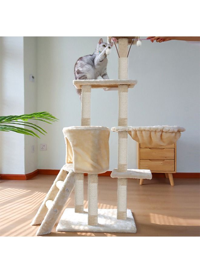 Multi-Level Cat Tree, 138Cm Height Activity Cat Tower Furniture For Large Small Cat 50x35x138 Cm Beige Wood