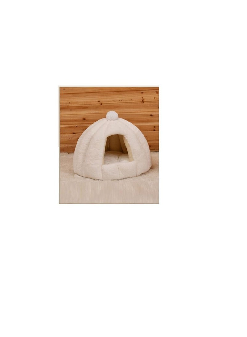 HOODED PET HOUSE ROUND WITH SOFT COTTON BED – 48*40 CM – MEDIUM – WHITE